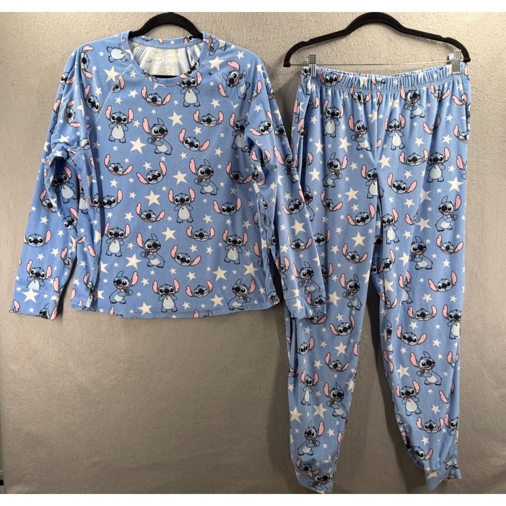 Disney Stitch 2 Piece Pajama Set Womens M 8/10 Soft Velour Plush Lounge Stars